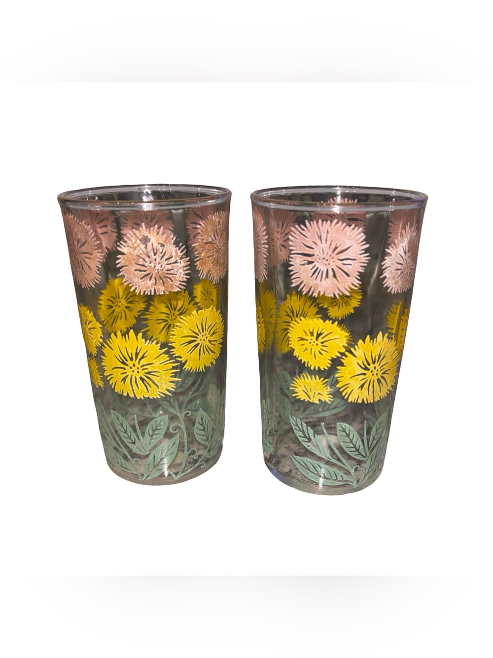 Vintage Mid Century Modern Pink Yellow Floral Glasses Set of 2 MCM